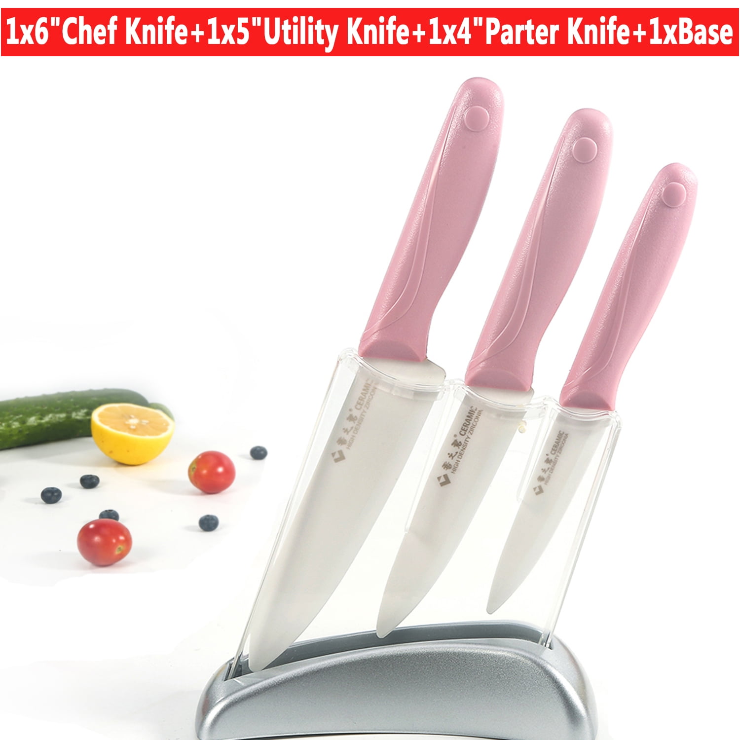 3pcs Ceramic Kitchen Knives Set Chef's Utility Knife Blade Sharp  4" 5" 6" + Base