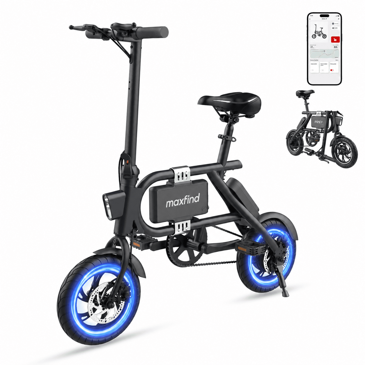 Maxfind Foldable 12" Electric Bike for Adults, Max 37-Mile Range Pedal-Assist,Removable Lithium Battery, Smart App Control,Adult Electric Bicycle for Commute