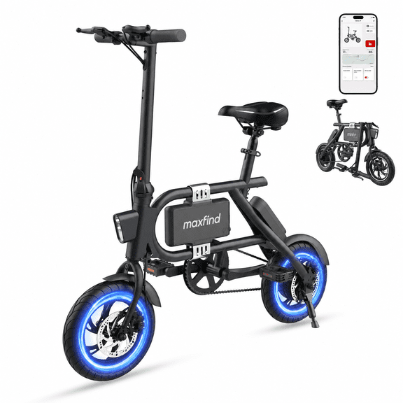Maxfind Foldable 12" Electric Bike for Adults, Max 37-Mile Range Pedal-Assist,Removable Lithium Battery, Smart App Control,Adult Electric Bicycle for Commute