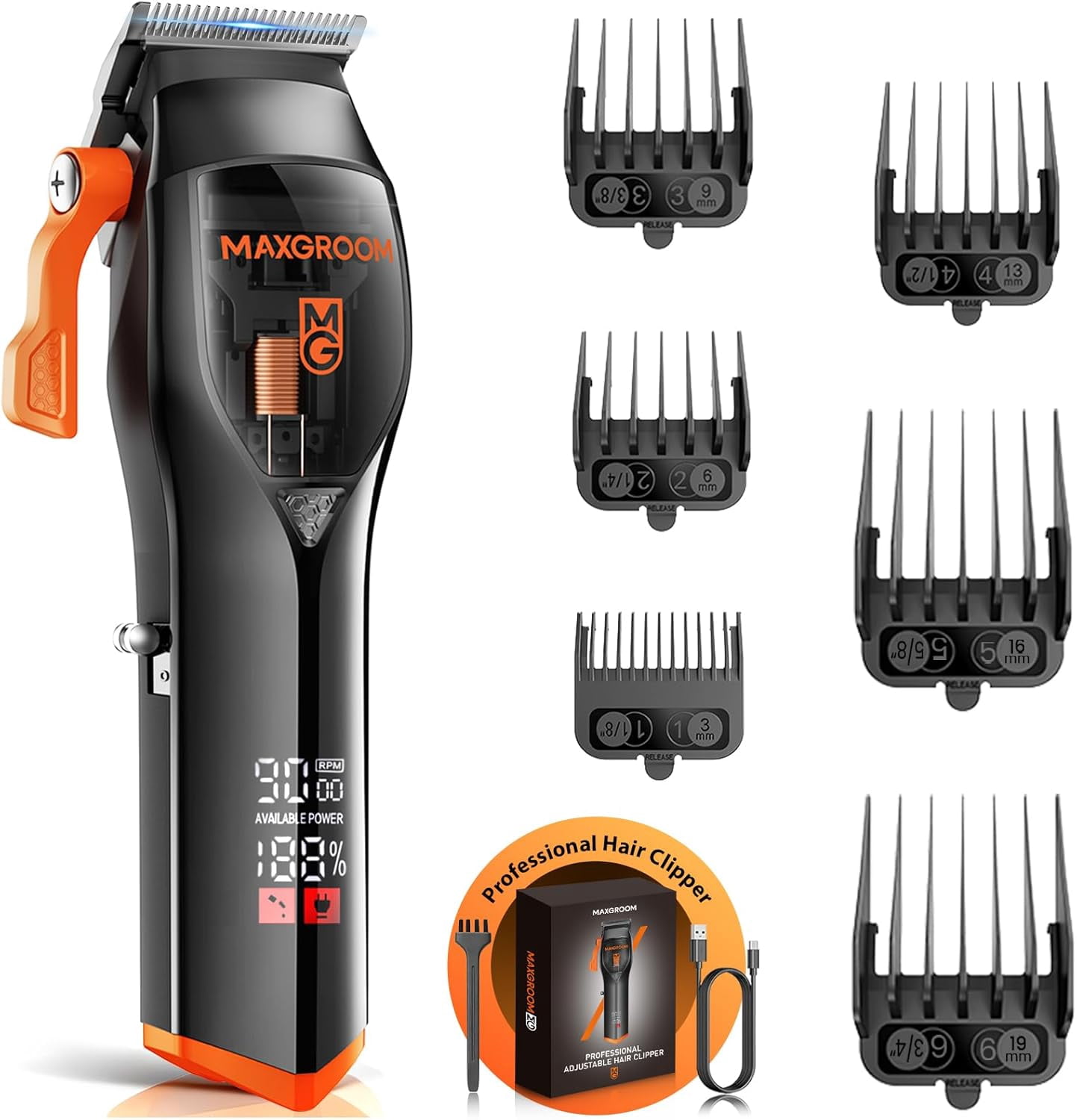 MAXGROOM Hair Clippers for Men, 9000RPM Professional Barber Clipper with DLC Coated Blade, LED Display, 4-Level Adjustable Lever, Low Noise Cordless Hair Trimmer Kit with 6 Guide Combs