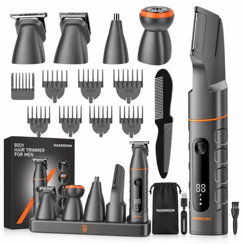 MAXGROOM Manscape All-in-One Body & Pubic Hair Trimmer for Men, V-Shaped No-Nick Groin & Ball Shaver, Waterproof Mens Electric Grooming Kit with Charging Dock, LED Display, Gift for Husband Father