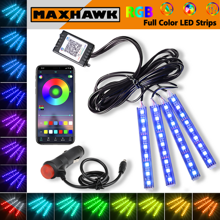 MAXHAWK 4x RGB Full Color 36 LED Car Interior Seats Music Accent Atmosphere Light Strip Under Dash Floor Wireless Lamp Kit Phone APP Bluetooth Remote Control