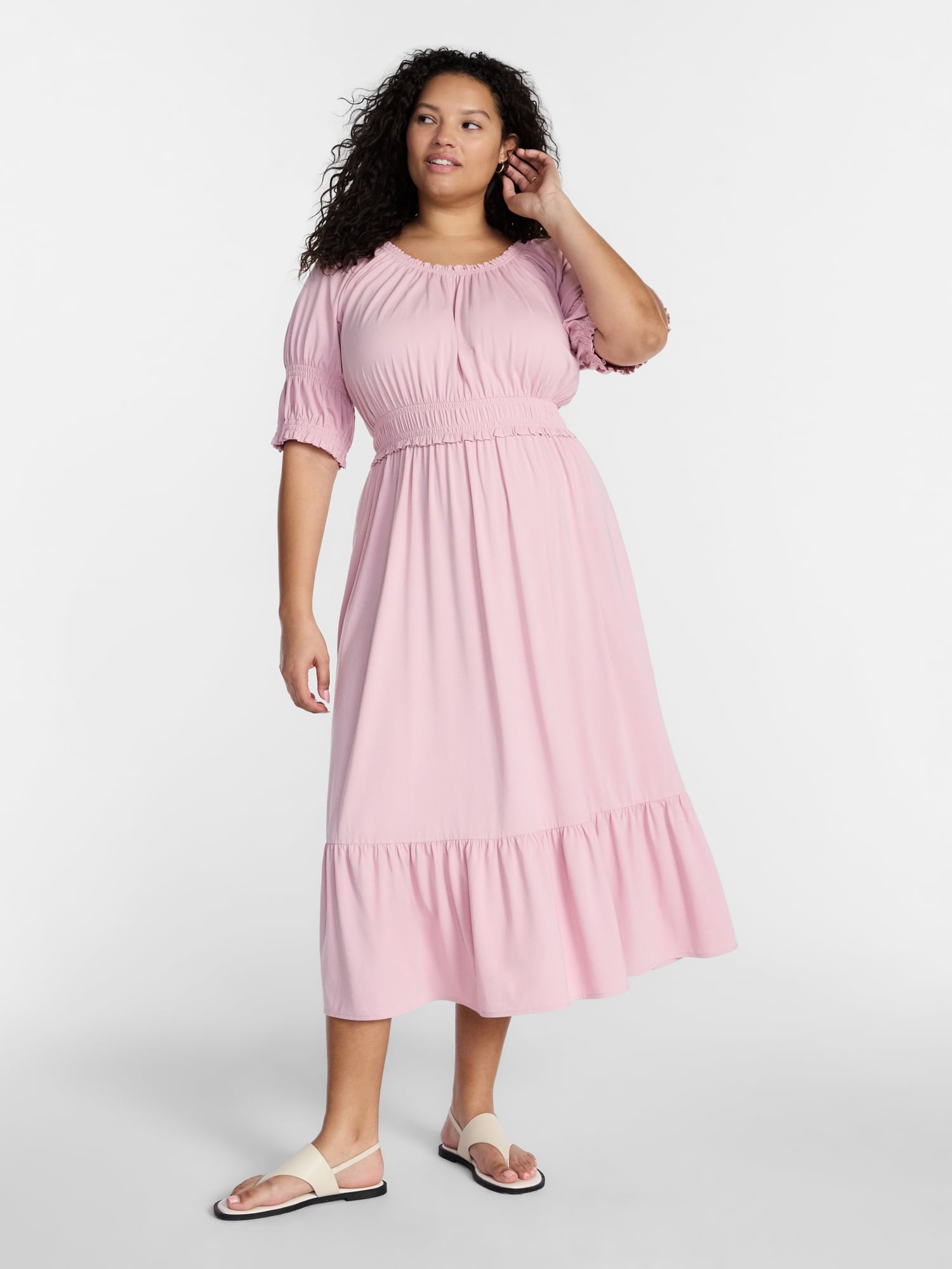 Terra & Sky Women’s Plus Scoop Neck Maxi Dress with Elbow Length Sleeves, Size 0X-5X