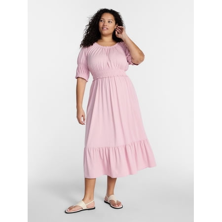 Terra & Sky Women’s Plus Scoop Neck Maxi Dress with Elbow Length Sleeves, Size 0X-5X
