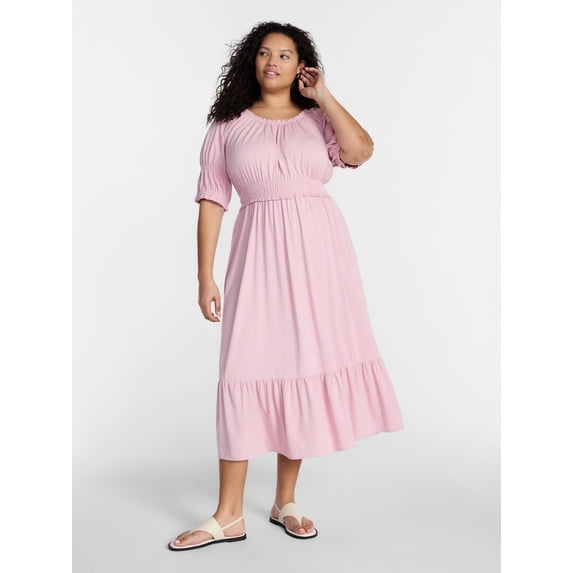 Terra & Sky Women’s Plus Scoop Neck Maxi Dress with Elbow Length Sleeves, Size 0X-5X