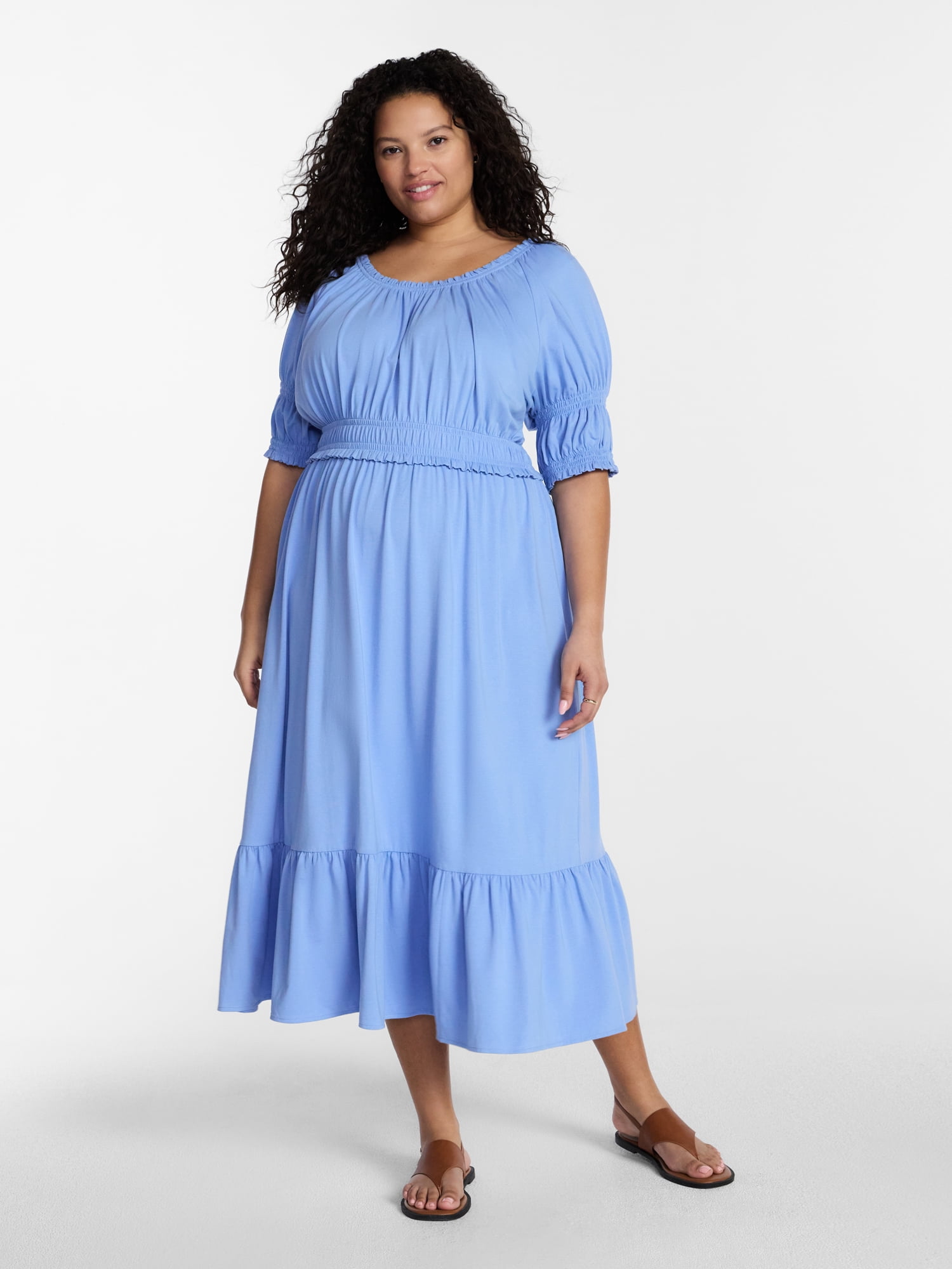 Terra & Sky Women’s Plus Scoop Neck Maxi Dress with Elbow Length Sleeves, Size 0X-5X