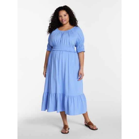 Terra & Sky Women’s Plus Scoop Neck Maxi Dress with Elbow Length Sleeves, Size 0X-5X