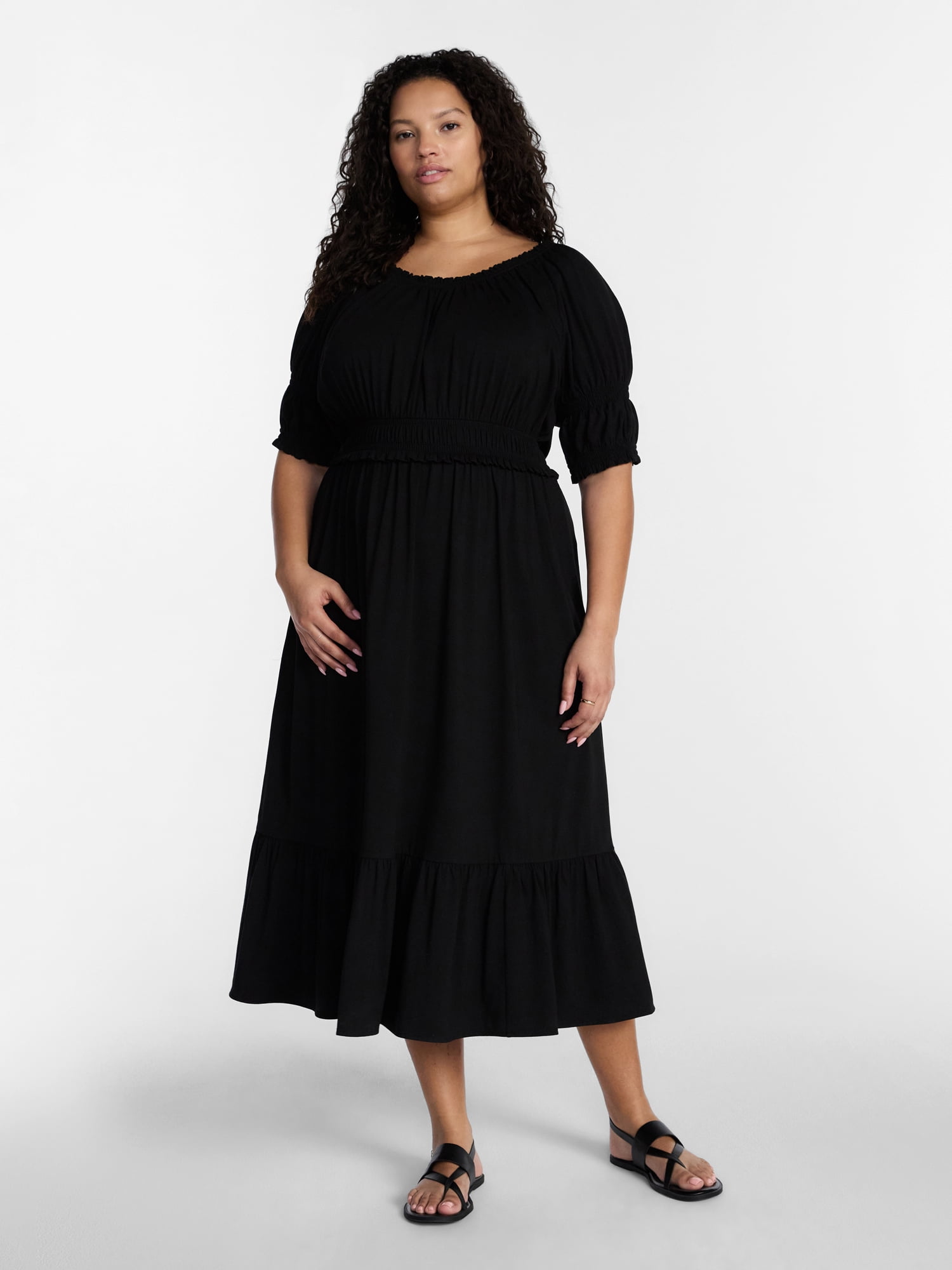 Terra & Sky Women’s Plus Scoop Neck Maxi Dress with Elbow Length Sleeves, Size 0X-5X