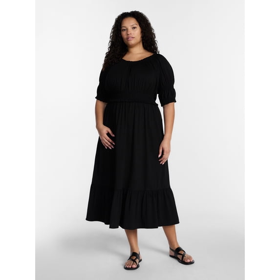 Terra & Sky Women’s Plus Scoop Neck Maxi Dress with Elbow Length Sleeves, Size 0X-5X