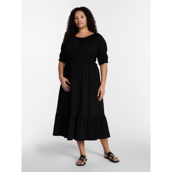 Terra & Sky Women’s Plus Scoop Neck Maxi Dress with Elbow Length Sleeves, Size 0X-5X