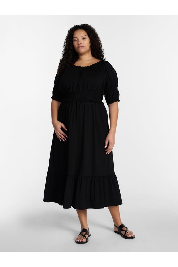 Women’s Plus Scoop Neck Maxi Dress with Elbow Length Sleeves, Size 0X-5X