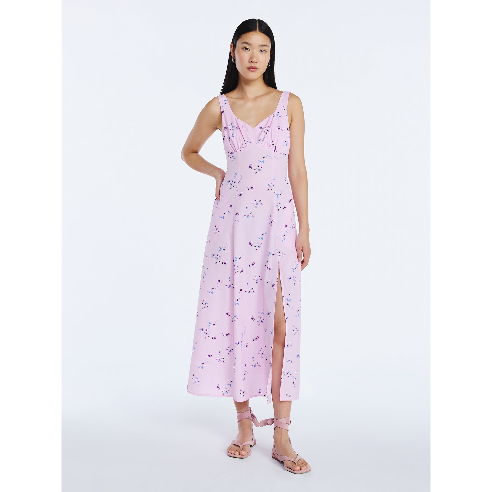 Woman wearing Orchard Rose Scoop Women's Side Slit Maxi Dress