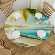 MAXIAO Waterproof Tropical Beach Palm Tree Leaves Sandy Caribbean Coastline Ocean Sea Waves Scene Decor Round Tablecloth White