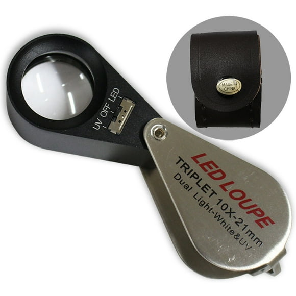 MAXIMIZE Triplet Glass Lens Jeweler's Loupe | UV & White LED Light | 10X Magnification | 21 mm Diameter | Tear Drop Swivel Case | Leather Snap Pouch & Battery Key Included