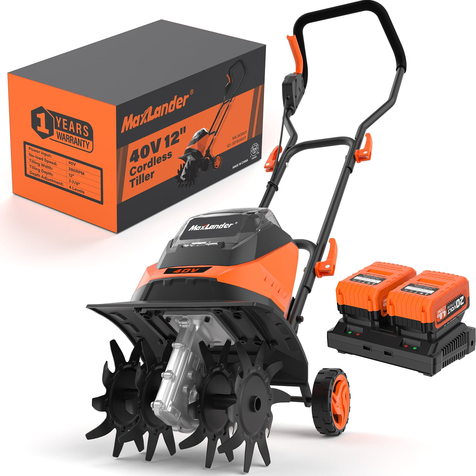 MAXLANDER Cordless Tiller Cultivator, 40V 12-Inch Brushless
