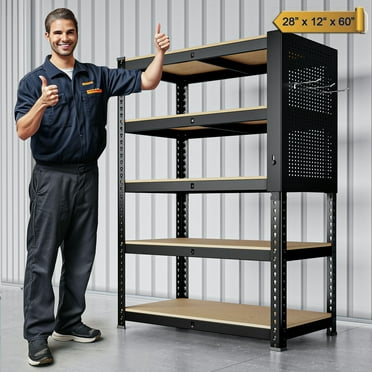 MAXLEAD Heavy Duty Storage Shelves 5-Tier Adjustable Garage Shelves for Storage 2600LBS, 27.55"W x 11.81"D x 59.84"H with Hooks & Pegboard Commercial Industrial Shelving Units for Garage Pantry Black