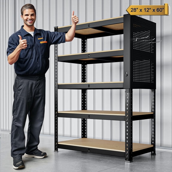MAXLEAD Heavy Duty Storage Shelves 5-Tier Adjustable Garage Shelves for Storage 2600LBS, 27.55"W x 11.81"D x 59.84"H with Hooks & Pegboard Commercial Industrial Shelving Units for Garage Pantry Black