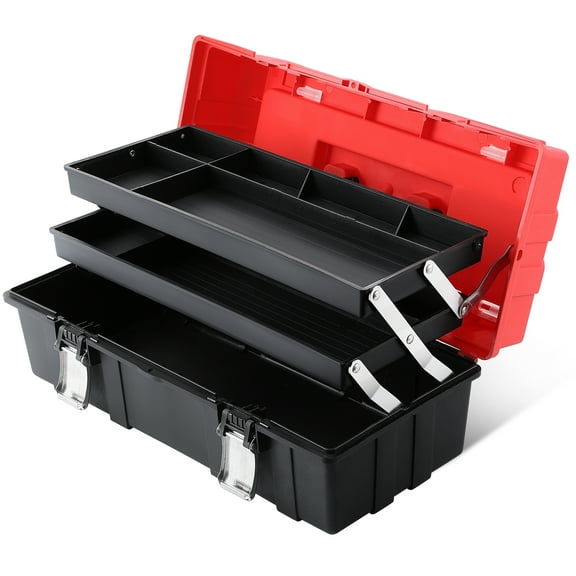 MAXPOWER 16-Inch Tool Box, Three-Layer Folding Plastic Storage Toolbox, Multi-Function Organizer with Tray and Dividers