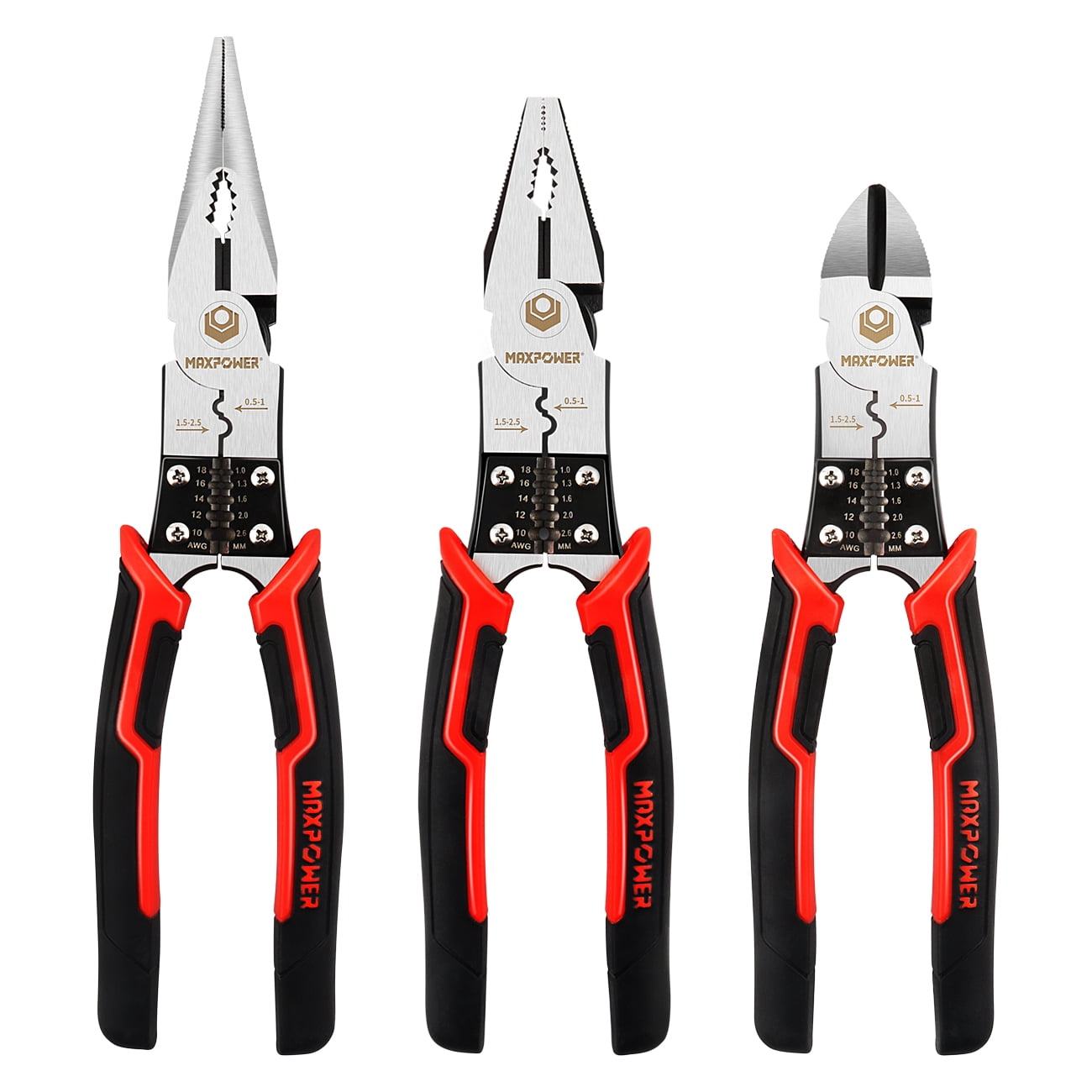 MAXPOWER 3Pcs Pliers Set, 5 in 1 Multifunctional Wire Stripper Crimper