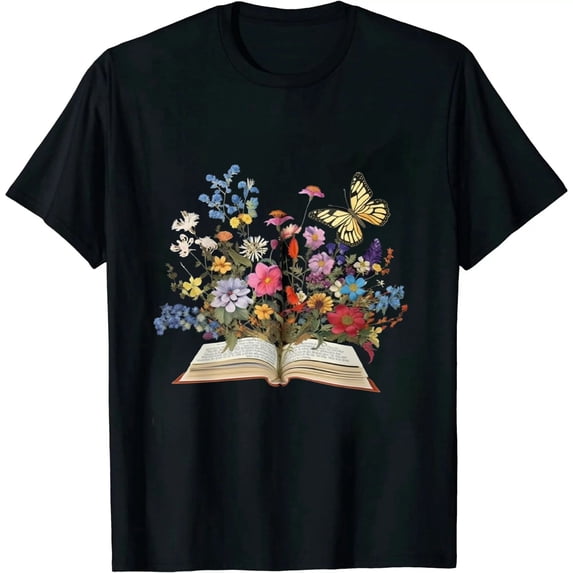 MAXPRESS Flowers growing from a book Open Book with Flying butterfly T-Shirt