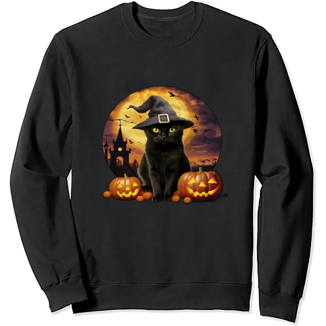 MAXPRESS Vintage Scary Halloween Black Cat Costume Witch Hat & Moon ...