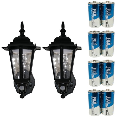 MAXSA Innovations 44719-2PACK Battery-Powered Motion-Activated Plastic LED Wall Sconce, 2-Pack (Black) & Fuji Batteries 3200BP2 EnviroMax C Extra Heavy-Duty Batteries, 8 pk