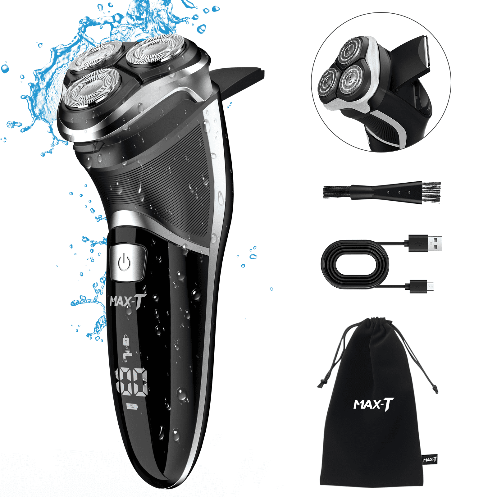 MAX-T Electric Razor for Men, USB-C Fast Charge 1H/120Min, IPX7 Waterproof Wet Dry, Pop-Up Beard Trimmer, 3D Floating Head, LED Display, Gift for Men, Black