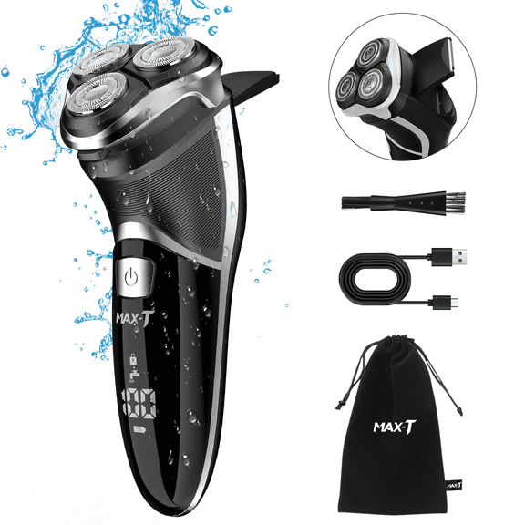 MAX-T Electric Razor for Men, USB-C Fast Charge 1H/120Min, IPX7 Waterproof Wet Dry, Pop-Up Beard Trimmer, 3D Floating Head, LED Display, Gift for Men, Black