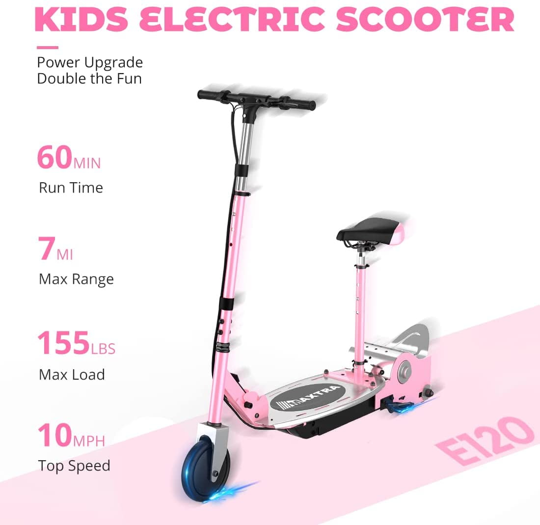 MAXTRA Pink E120 Electric Scooter with Seat for Kids Ages 612, 60 Mins