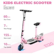 MAXTRA Pink E120 Electric Scooter with Seat for Kids Ages 6-12, 60 Mins Long Battery Life, Removable Seat 2 Riding Styles, 155lbs Max Load