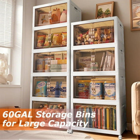 MAXVINI 60GAL/300QT Large Storage Bins, Stackable Collapsible Storage Bins with 4 Wheels & 1 Lids, Closet Organizers and Storage, 4 Packs Folding Plastic Clothes Storage Cabinet for Home Office