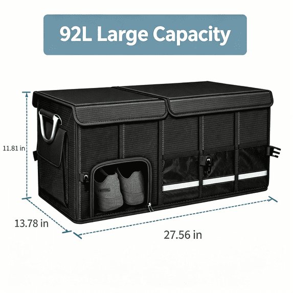 MAXVINI 92L Large Capacity Car Trunk Organizer, Foldable Oxford Auto Storage Box with Reflective Safety Strips, Multi Pocket Vehicle Cargo Storage Bin for Car SUV Truck