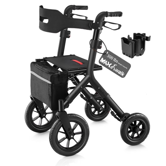 MAXWALK 12" All-Terrain Rollator Walker for Tall Users – Adjustable Height (Fits 5'6" to 7'), Removable Seat, Lightweight Frame, Black