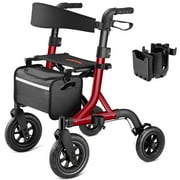 MAXWALK All-Terrain Rollator Walker for Seniors, 10 Rubber Wheels Foldable Walker with Padded Seat, Adjustable Mobility Walking Aid, Red