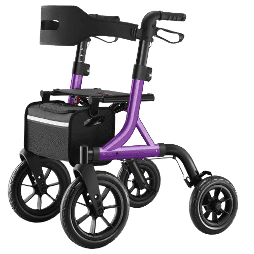 MAXWALK Rollator Walker for Seniors, 12" Big Rubber Wheels Foldable All Terrain Outdoor Aluminum Rolling Walker with Breathable Mesh Backrest, Height Adjustment for 5-6.5ft, Purple