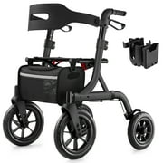 MAXWALK Rollator Walker for Seniors, 12" Big Rubber Wheels Foldable All Terrain Outdoor Aluminum Rolling Walker with Breathable Mesh Backrest, Height Adjustment for 5-6.5ft, Red