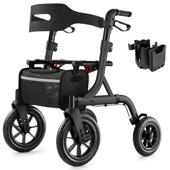 MAXWALK Rollator Walker for Seniors, 12" Big Rubber Wheels Foldable All Terrain Outdoor Aluminum Rolling Walker with Breathable Mesh Backrest, Height Adjustment for 5-6.5ft, Black