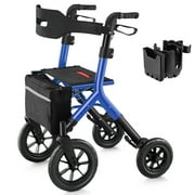 MAXWALK Rollator Walker for Tall Seniors, 12'' All Terrain Big Rubber Wheels, Built-in Cable Folding Walker with Breathable Mesh Backrest for Outdoors, Adjustable Handle & Seat for 5.3-7ft, Blue