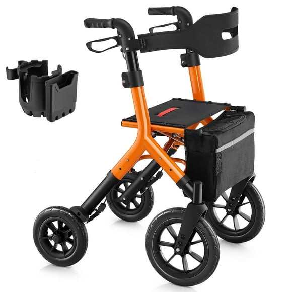 MAXWALK Rollator Walker for Tall Seniors, 12'' All Terrain Big Rubber Wheels, Foldable Walker with Backrest, Adjustable Handle & Seat for 5.3-7ft, Orange
