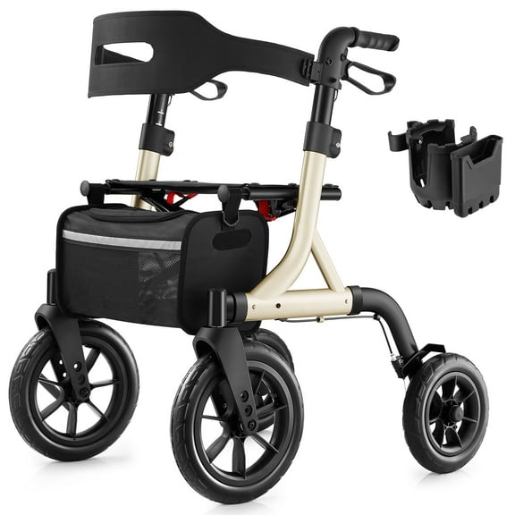 MAXWALK Rollator Walker for Seniors, 12" Rubber Wheels Foldable, Aluminium with Backrest, Height Adjustable 23.6lbs, Gold