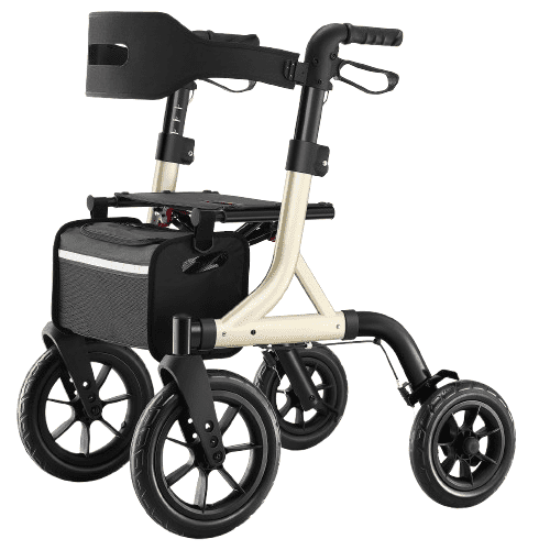 MAXWALK Rollator Walker for Seniors, 12" Rubber Wheels Foldable, Aluminium with Backrest, Height Adjustable 23.6lbs, Gold