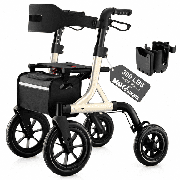 MAXWALK Rollator Walker for Seniors, 12" Rubber Wheels Foldable, Aluminium with Backrest, Height Adjustable 23.6lbs, Gold