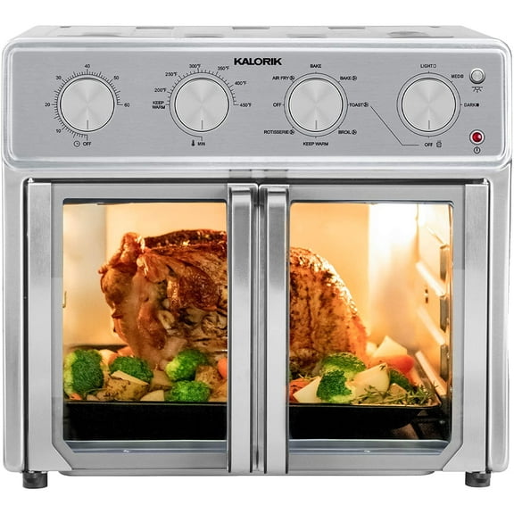MAXX Oven, 26 Quart 9-in-1 Countertop Toaster Oven and Combo - Fry, Bake, Roast, Rotisserie, & More, Lar Glass French Doors 7 Accessories, 1700-Watts, Stainless Steel