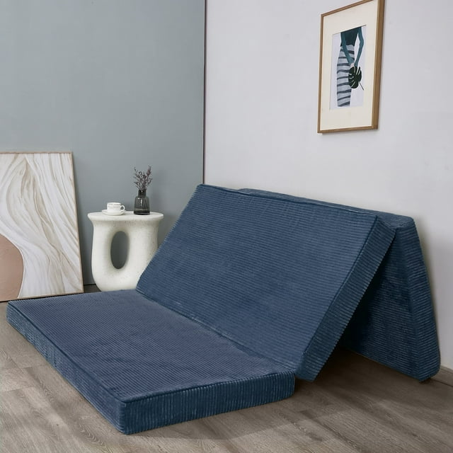 MAXYOYO 4 inch Folding Corduroy Mattress, Tri Fold Floor Mattress 10cm thick with Washable Cover,Foldable in Three,Space-Saving for Guest (Blue, Queen)