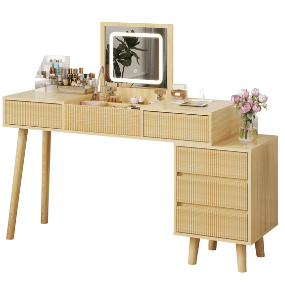 MAXYOYO 55”Fluted Vanity Desk with Flip Top Mirror and LED Strip,3 in 1 Vanity Table with 5 Drawers,Hidden Mirror Desk for Bedroom、Home and Office,Nature