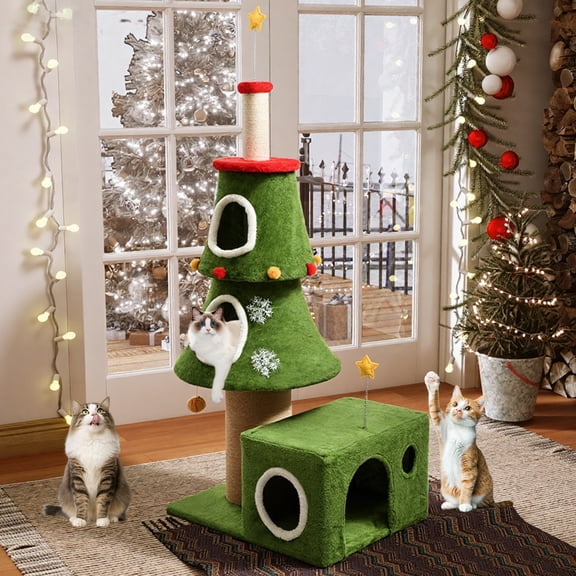 MAXYOYO 57'' Cat Climbing Tree,Christmas Tree Style Cat Tower,Sturdy Cat Furniture Set with Cat House,Toys,Sisal Scratching Posts and Multi-Tier Cat Activity Tree.
