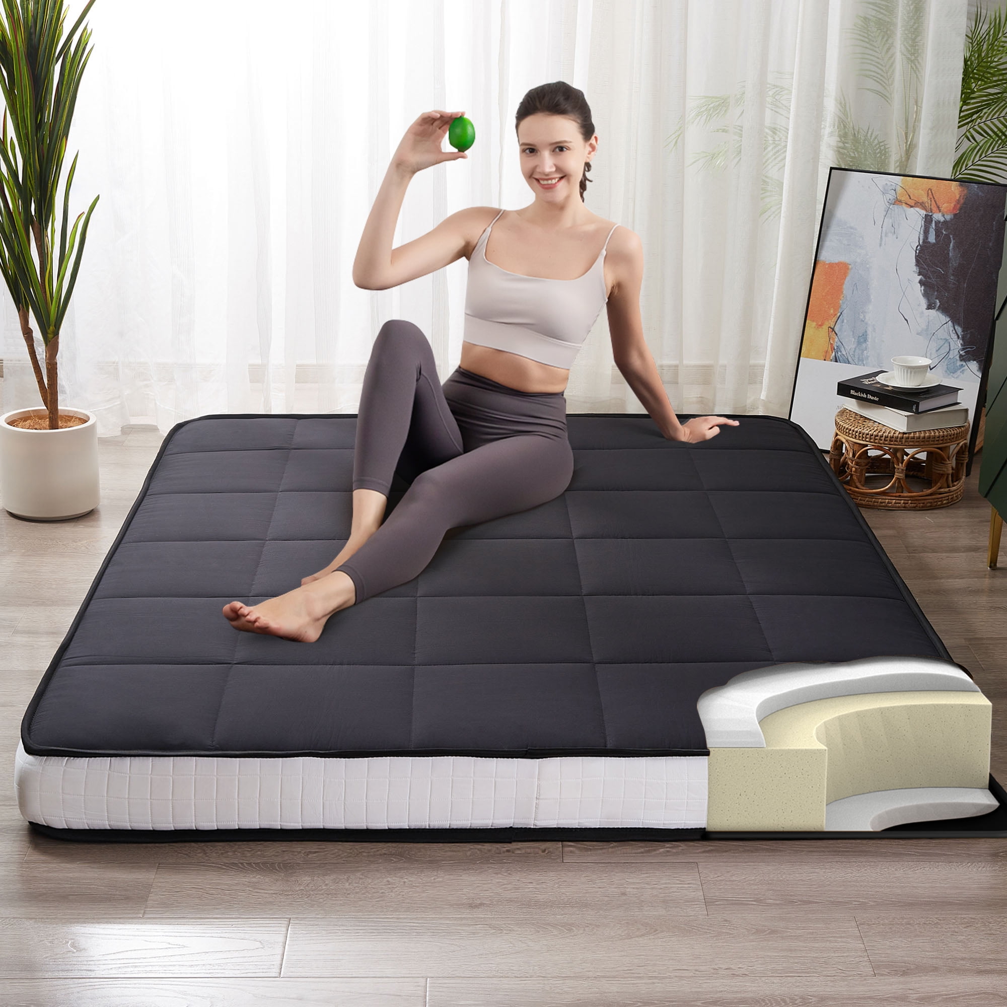 MAXYOYO 6 Extra Thick Japanese Futon Mattress Foldable Portable Foam Sleeping Mattress Full Size Black Walmart