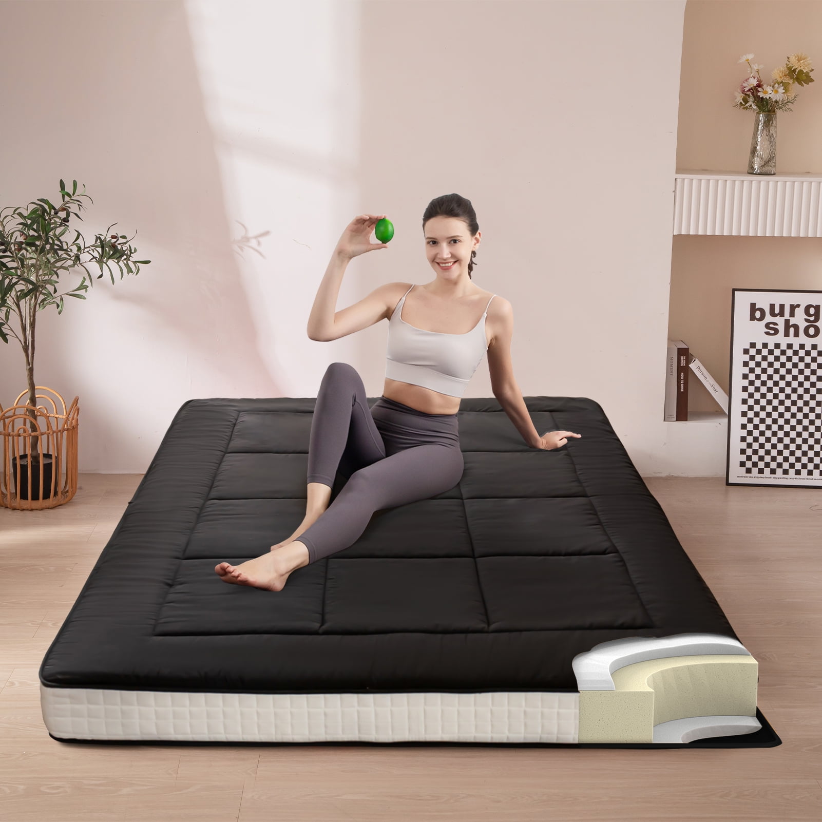 MAXYOYO 6 Extra Thick Japanese Floor Mattress Futon Mattress, Foldable  Mattress Tatami Pad Floor Mattress for Adults Floor Bed Roll Up Mattress  Guest Mattress Camping Mattress,Black,Twin 