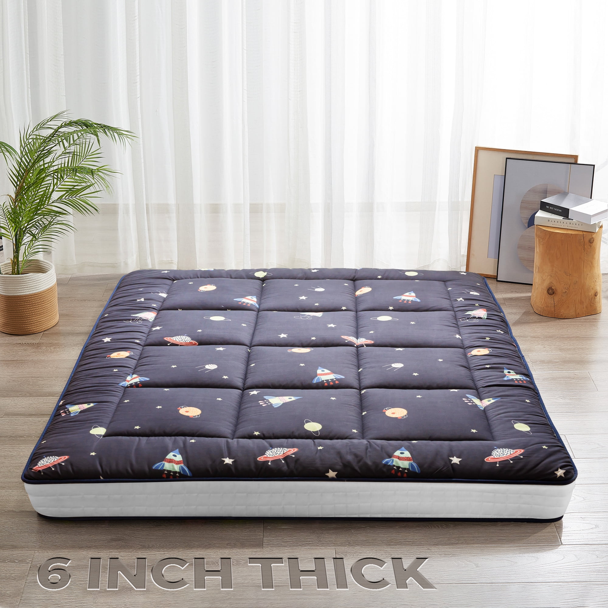 MAXYOYO 6" Extra Thick Japanese Floor Mattress Futon Mattress, Foldable Mattress Tatami Pad Floor Mattress for Adults Floor Bed Roll Up Mattress Guest Mattress Camping Mattress,Navy space,Twin