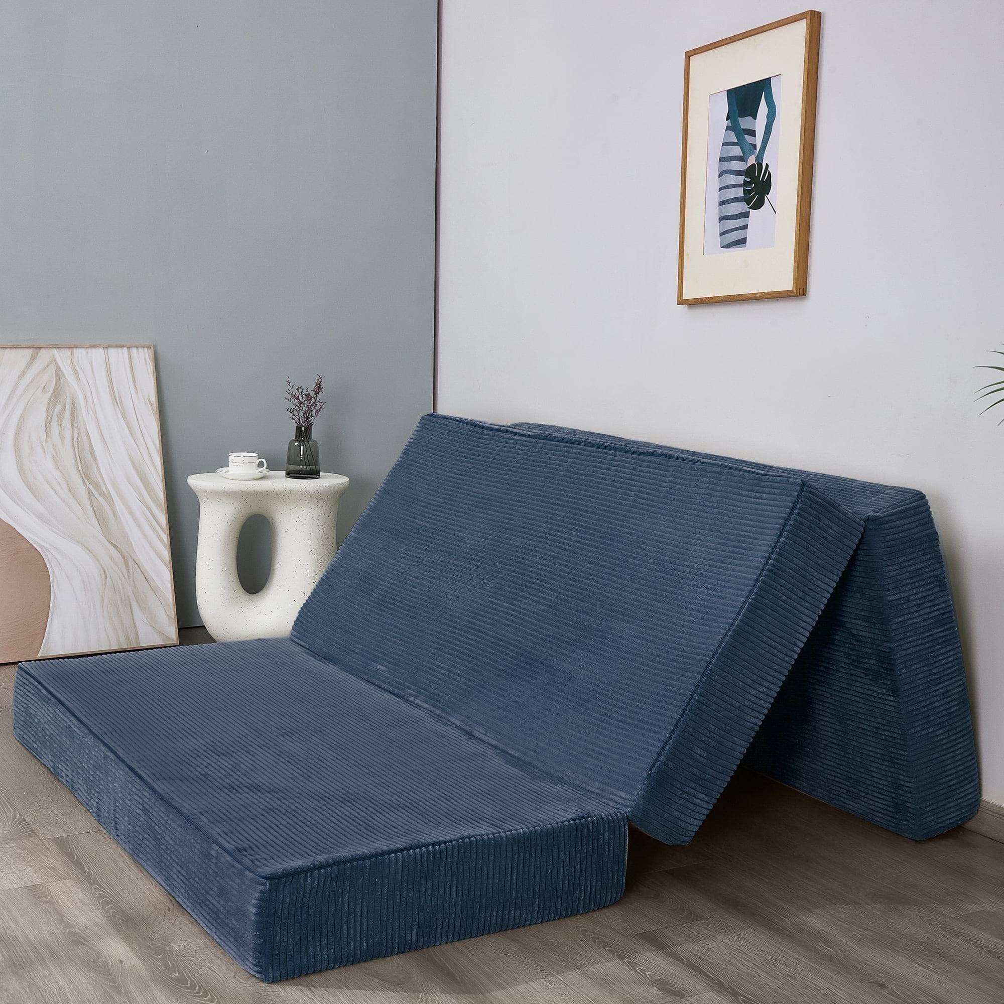 MAXYOYO 6 inch Folding Corduroy Mattress, Tri Fold Floor Mattress thick with Washable Cover,Foldable in Three,Space-Saving for Guest (Blue, Full)